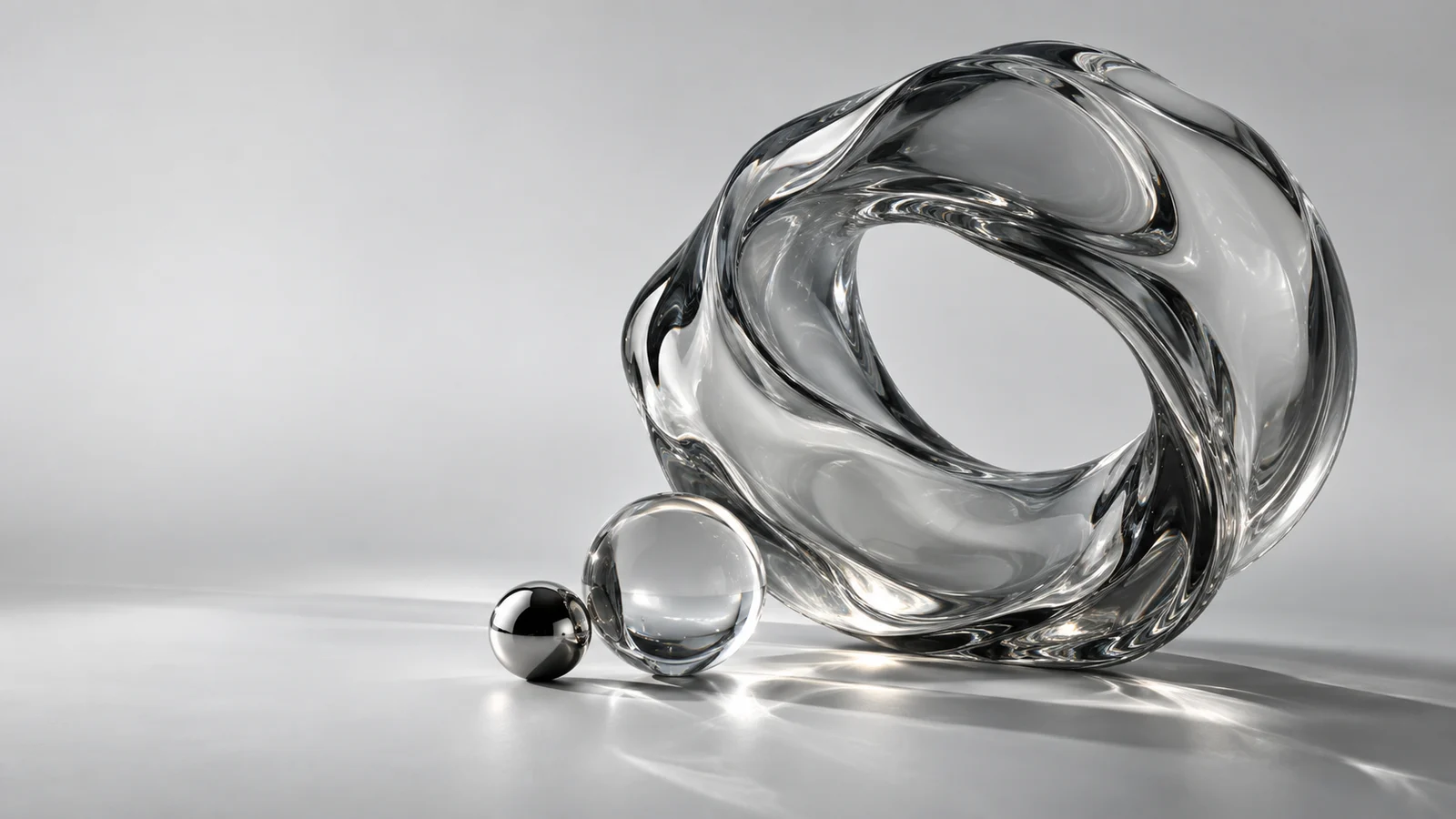 A glass sculpture with reflective spheres